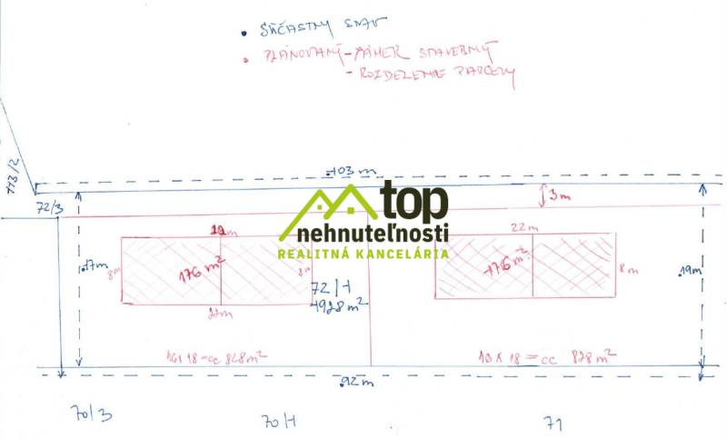 Plán rozdělení stavebních pozemků pro bydlení v Nitrianske Blatnici se zakreslením metrů čtverečních.