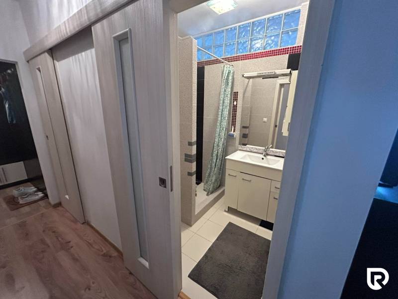 Koupelna v 1-pokojovém bytě s umyvadlem, sprchovým koutem a podlahou s dřevěným dekorem.