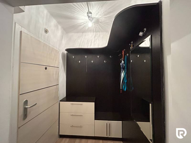 Vstupní hala s praktickým nábytkovým řešením v 1-pokojovém bytě s podlahou s dřevěným dekorem.