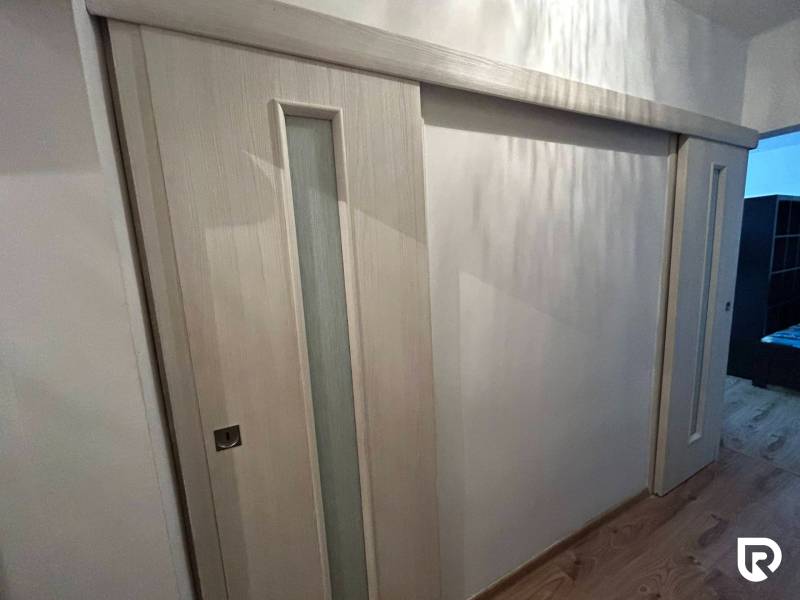 Posuvné dveře s prosklením, podlaha s dřevěným dekorem, interiér 1-pokojového bytu.