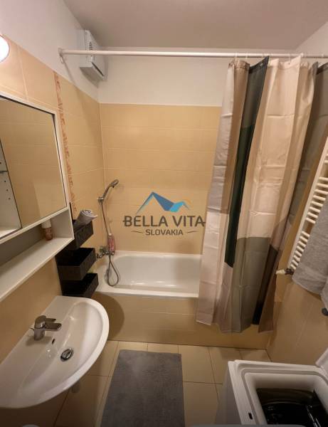 Koupelna v 2-pokojovém bytě s vanou, umyvadlem, pračkou a dlažbou.