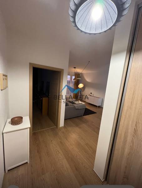 Chodba v 2-pokojovém bytě s podlahou s dřevěným dekorem, vedoucí do obývacího pokoje.