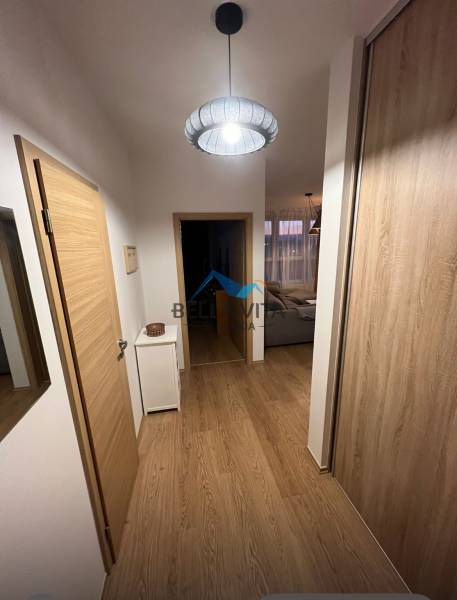 Chodba v 2-pokojovém bytě s podlahou s dřevěným dekorem a jednoduchým osvětlením.