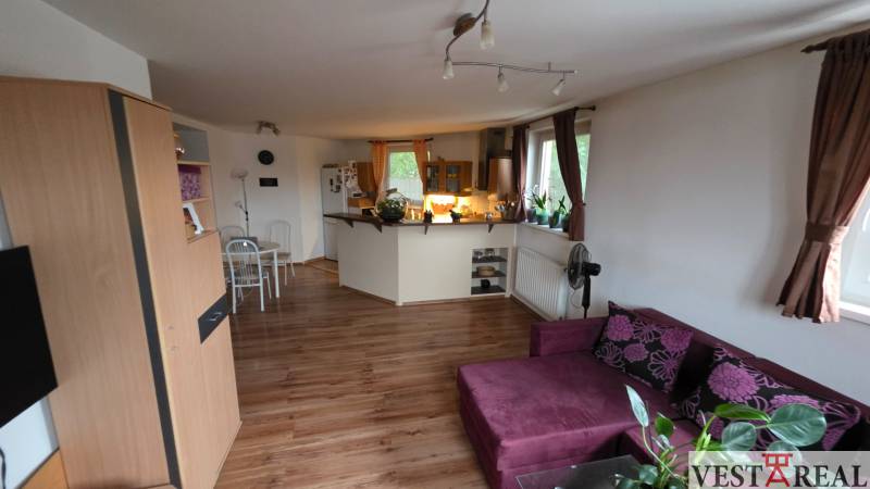 Obývací pokoj s kuchyní ve 3pokojovém bytě s podlahou s dřevěným dekorem.