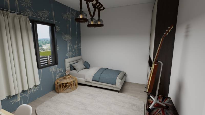 Pokoj v rodinném domě s postelí, kytarou a modrou tapetou.