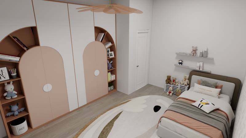 Dětský pokoj v rodinném domě s postelí, skříňkami a dekorativními hračkami, podlaha s dřevěným dekorem.