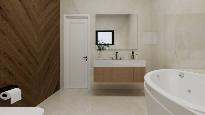 Minimalistická koupelna s vanou, umyvadlem a podlahou s dřevěným dekorem v rodinném domě.