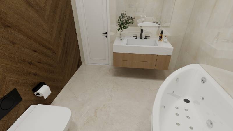 Koupelna v rodinném domě s vanou, umyvadlem a podlahou s dřevěným dekorem.