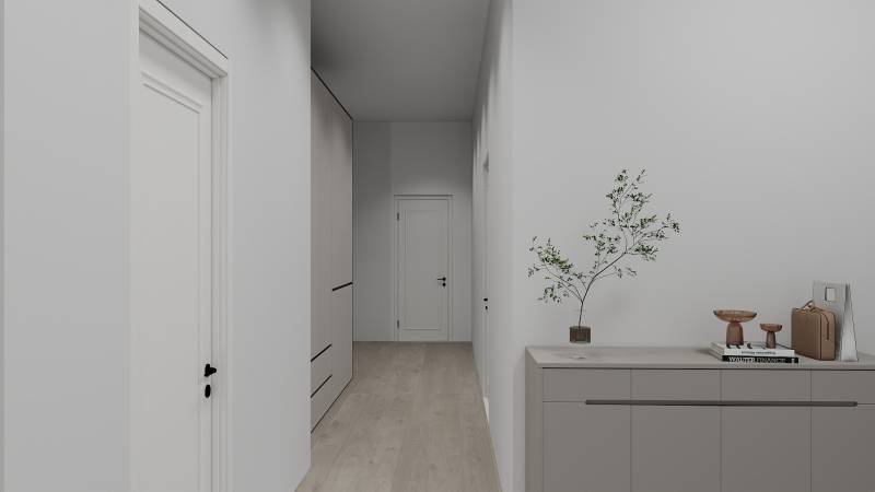 Chodba v rodinném domě s podlahou s dřevěným dekorem a jednoduchým nábytkem.