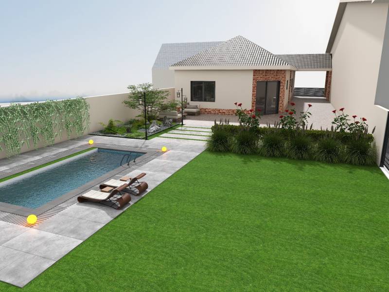 Rodinný dům v Cíferi s bazénem, terasou, zahradou a lehátky.