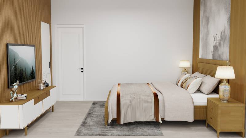 Ložnice s podlahou s dřevěným dekorem, postelí a televizorem v rodinném domě.