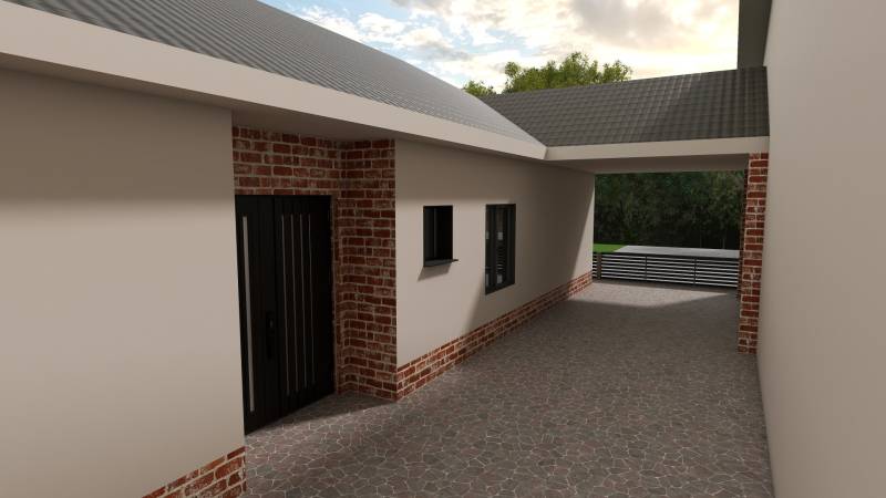 Rodinný dům v Cíferi se zasklenými okny a cihlovým dekorem stěn.