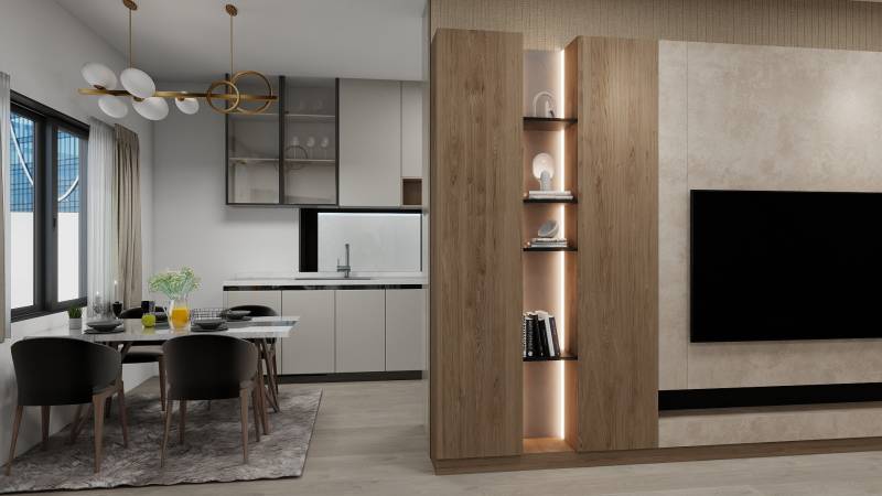 Jídelní kout s kuchyní v rodinném domě s podlahou s dřevěným dekorem.