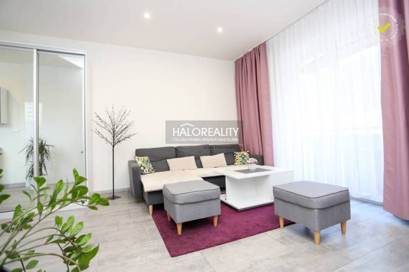 Obývací pokoj v 2-pokojovém bytě s pohovkou, konferenčním stolkem a rostlinami.