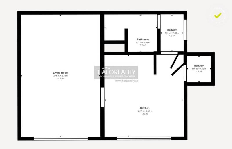 Půdorys 1-pokojového bytu s obývacím pokojem, kuchyní a koupelnou.