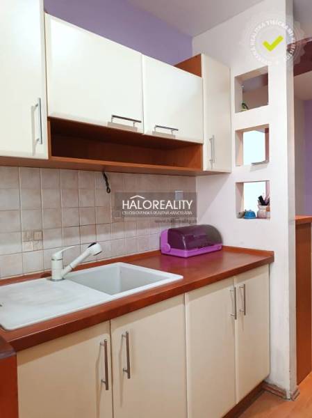 Kuchyňský kout v garsonce s dřezem a skříňkami.