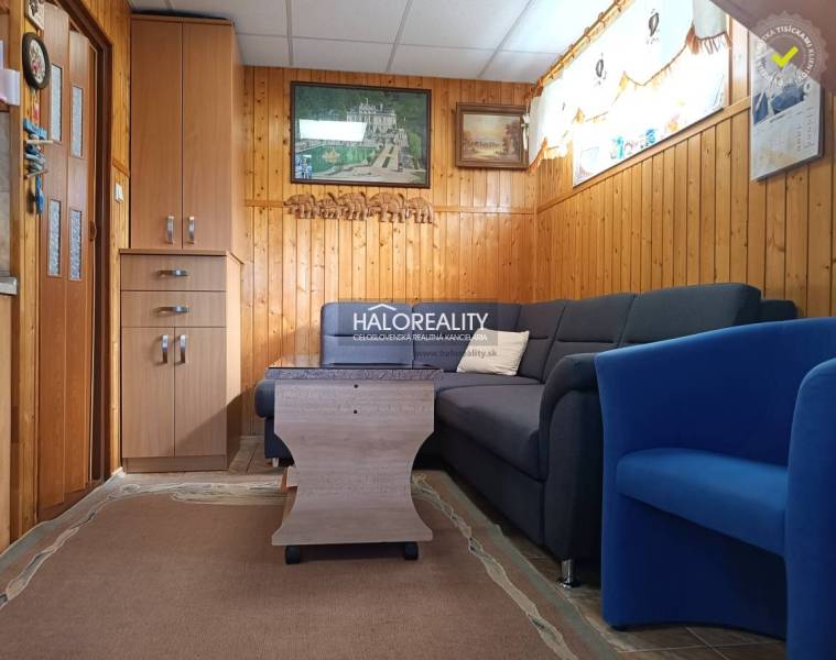 Obývací pokoj v chatě s pohovkou, křeslem a obklady na stěnách.