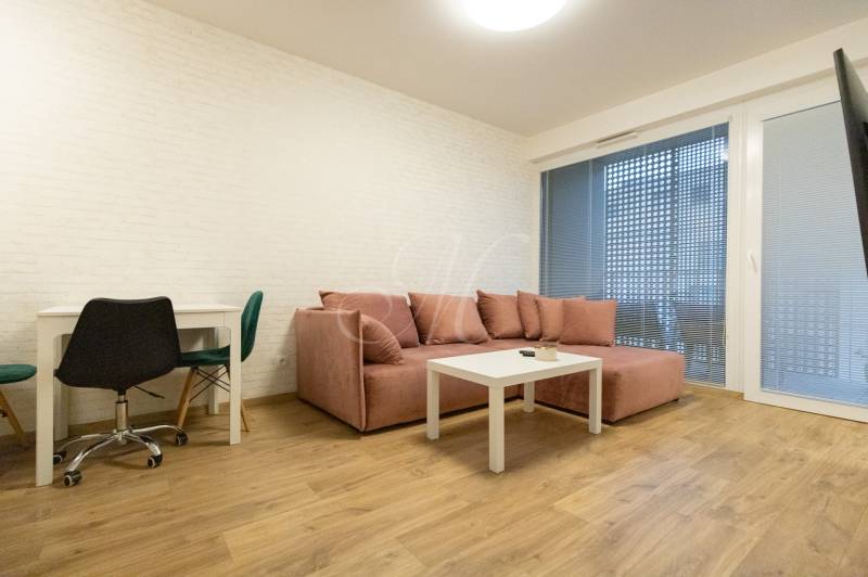 Obývací pokoj v 2pokojovém bytě s pohovkou, stolem a podlahou s dřevěným dekorem.