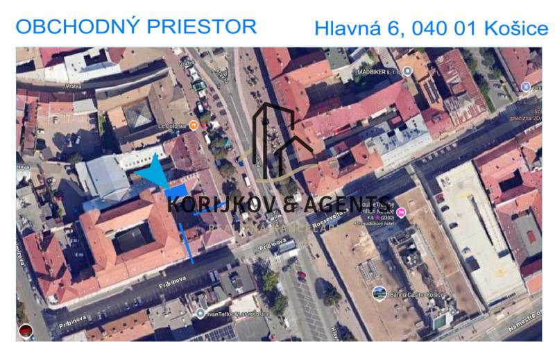 Letecký pohled na obchodní prostory na Hlavní ulici, Košice - městská část Staré Město.