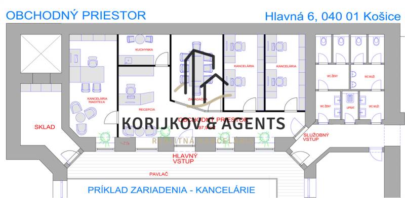 Půdorys obchodních prostor zahrnuje kanceláře, zasedačku, kuchyňku a sklady.