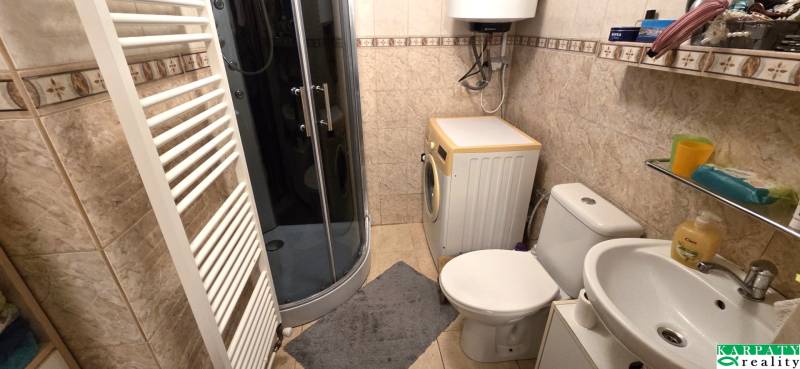 Koupelna v rodinném domě s pračkou, sprchovým koutem a žebříkovým radiátorem.