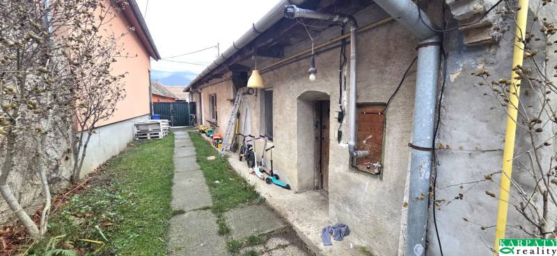 Exteriér rodinného domu v Dolních Orešanech s chodníkem, dětskými hračkami a zelení.