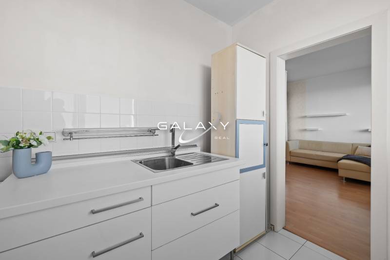 Kuchyně v 1-pokojovém bytě s bílými kuchyňskými skříňkami a výhledem do obývacího pokoje.