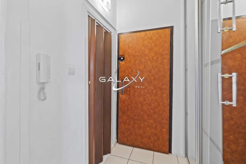 Interiér 1-pokojového bytu s dřevěným dekorem dveří a vestavěnou skříní.