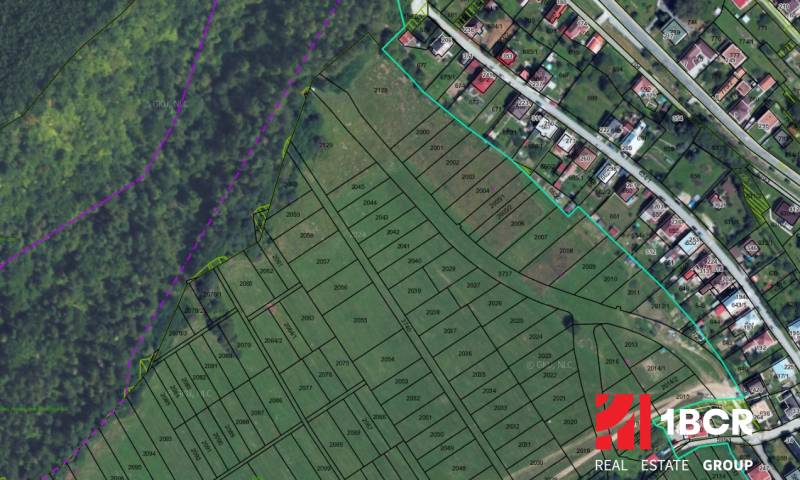 Plán developerských pozemků v Snežnici se zobrazenými parcelami a okolním lesem.
