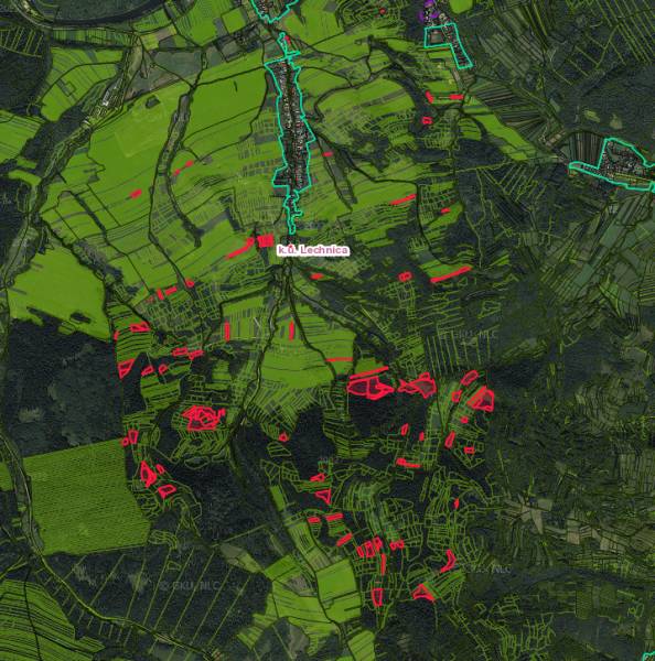Letecký pohled na zemědělské a lesní pozemky v okolí Lechnice, označené barevnými liniemi.