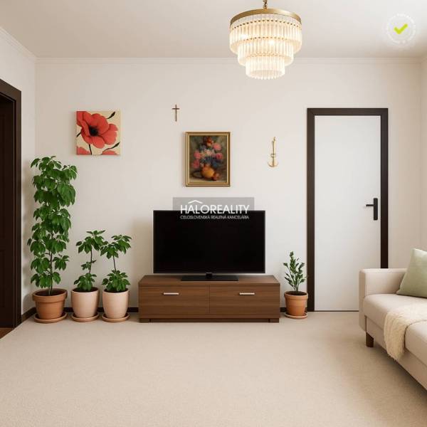 Obývací pokoj v rodinném domě s televizí, pokojovými rostlinami a dekoracemi.