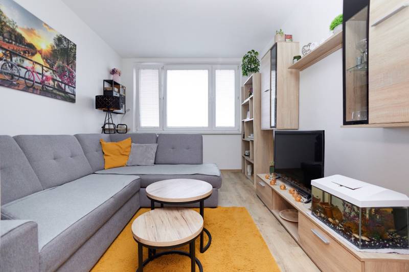 Obývací pokoj s podlahou s dřevěným dekorem, šedou sedačkou a nábytkem v 2pokojovém bytě.