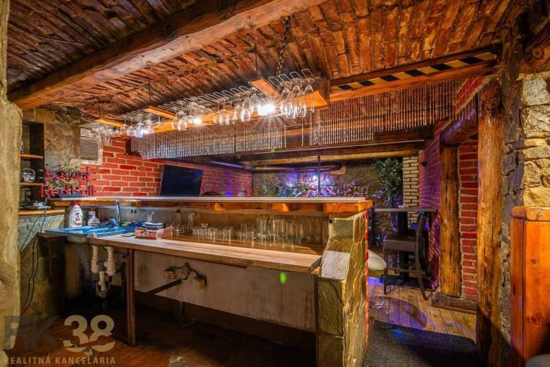 Kamenný bar s cihlovými stěnami a podlahou s dřevěným dekorem v budově.