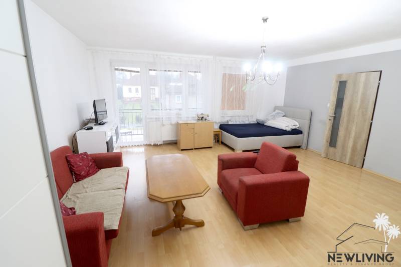 Obývací pokoj v rodinném domě s pohovkou, stolem a postelí. Podlaha s dřevěným dekorem.