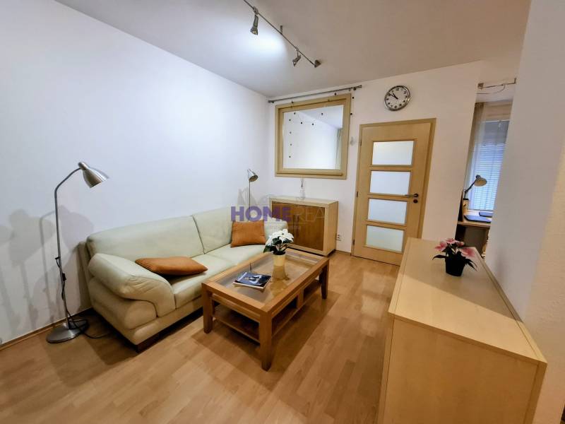 Obývací pokoj v 2-pokojovém bytě s pohovkou, lampou a podlahou s dřevěným dekorem.