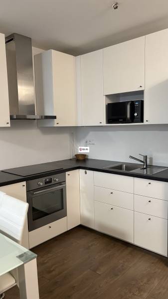 Kuchyně v 1-pokojovém bytě s bílými skříňkami, černou pracovní deskou a podlahou s dřevěným dekorem.