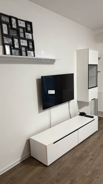 Televize na stěně, bílá komoda, obrazy a podlaha s dřevěným dekorem v 1-pokojovém bytě.