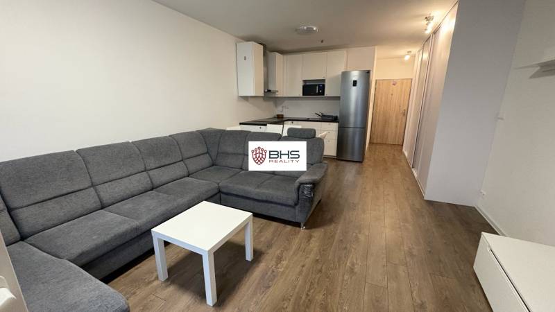 Stylová kuchyně a obývací zóna s pohodlnou sedačkou, podlaha s dřevěným dekorem.