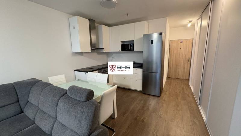 Obývací pokoj s kuchyní, sedačkou a podlahou s dřevěným dekorem v 1+kk bytě.