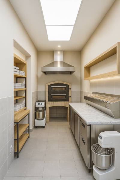 Profesionální kuchyně s pecí, pracovními stanicemi a úložným prostorem v obchodních prostorách.