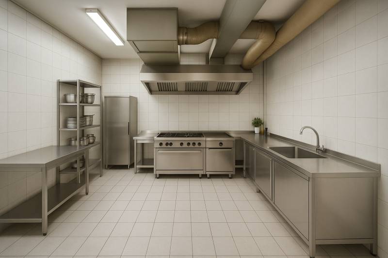 Profesionální kuchyně v obchodních prostorách s vybavením z nerezové oceli.