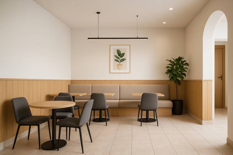 Moderní posezení se stěnou v dřevěném dekoru a rostlinou v 2-pokojovém bytě.