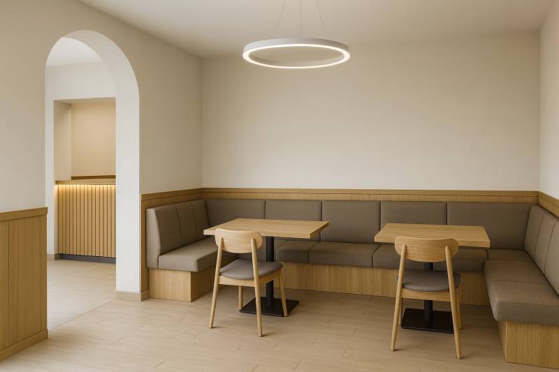 Obchodní prostory s podlahou s dřevěným dekorem, útulné posezení a kruhové svítidlo.