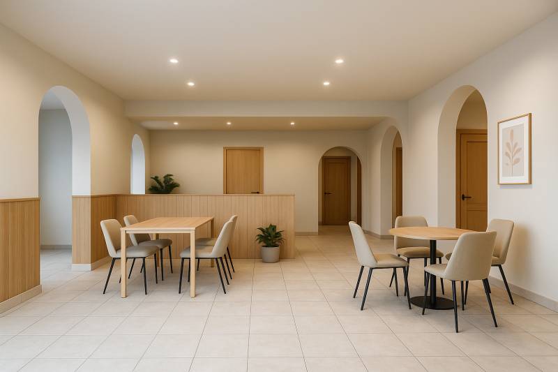 Jemně osvětlené obchodní prostory s oblouky, nábytkem a dlažbou, vytvářející příjemné prostředí.