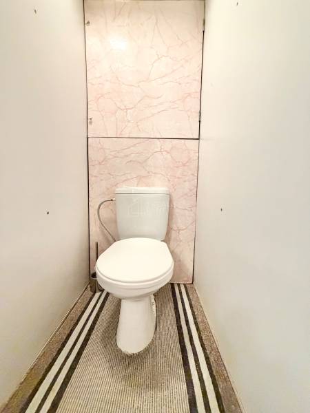 Toaleta v 2-izbovom byte s dekoratívnym obložením a kobercovým behúňom.