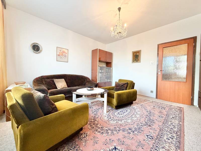 Obývacia izba v 2-izbovom byte so zelenými kreslami, kobercom a lustrom.