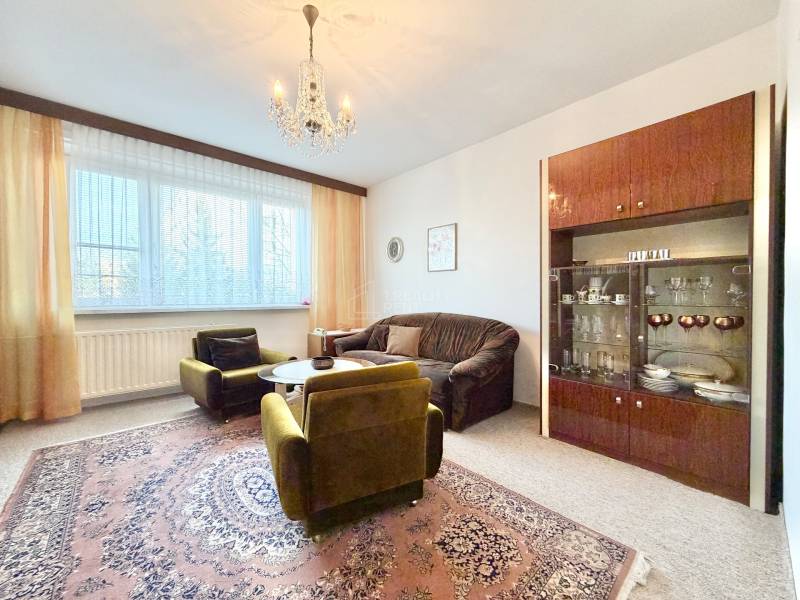 Obývačka v 2-izbovom byte s lustrom, sedačkou a vitrínou na koberci.