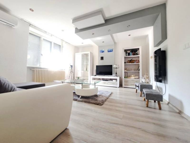 Obývací pokoj v rodinném domě s podlahou s dřevěným dekorem a pohovkou.