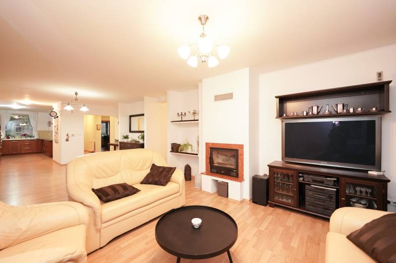 Obývací pokoj v rodinném domě s krbem, koženými sedačkami a podlahou s dřevěným dekorem.