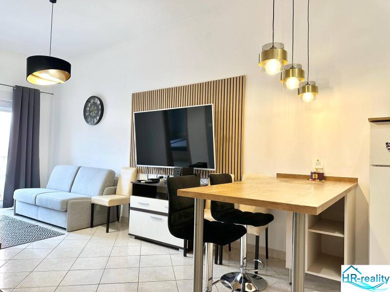 Obývací pokoj rekreačního apartmánu s televizí, sedačkou a barovým posezením.